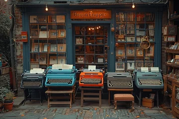 Crédence de cuisine en verre imprimé Magasin de musique A quirky antique shop specializing in vintage typewriters, cameras, and old-fashioned telephones