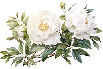 watercolor painting realistic White peony, branches and leaves on white background. Clipping path included.