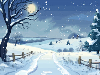 Beautiful snowy landscape with fence, trees, and serene sky