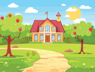 Naklejka premium A school building surrounded by apple trees under a cloudy sky