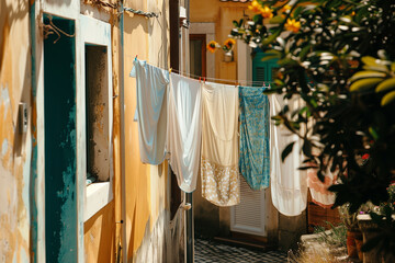 illustration of laundry hanging on a clothesline in Italy. Created with Generative AI