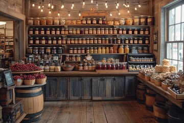 A rustic country store with shelves of homemade jams, preserves, and farm-fresh eggs