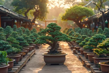 Keuken spatwand met foto A serene bonsai tree nursery, with rows of meticulously pruned miniature trees © Create image