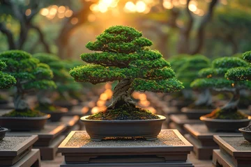 Poster A serene bonsai tree nursery, with rows of meticulously pruned miniature trees © Create image