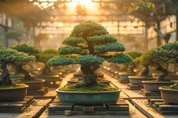 Poster A serene bonsai tree nursery, with rows of meticulously pruned miniature trees © Create image