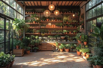 A serene botanical garden gift shop, with gardening tools, rare plant specimens, and terrariums
