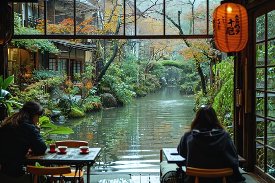 A serene tea shop in Kyoto, where patrons sip matcha while enjoying the view of a peaceful Zen garden