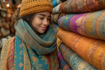 A shopper browsing through a rack of handwoven textiles in a craft market - Powered by Adobe