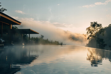 Tranquil Infinity Pool Overlooking Misty Mountain Sunrise Banner