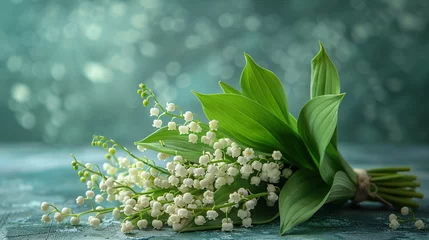 Fotobehang bouquet of lilies of the valley on a blue background © Ольга Дорофеева