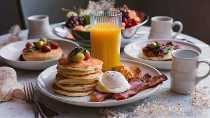 Elegant Breakfast Spread with Fresh Fruits, Pancakes and Bacon