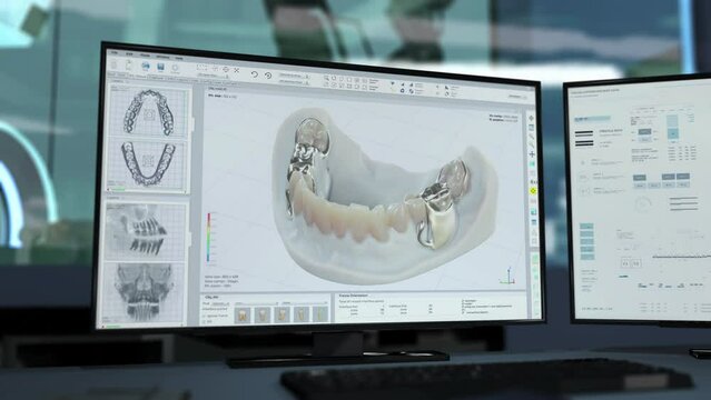 Modern Medical software interface creating artificial teeth for dental treatment. Visualising medical teeth treatment surgery. Medical program shows the insertion of treatment teeth into damaged jaw
