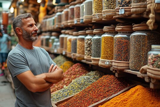 A shopper exploring a spice market with aromatic herbs and spices