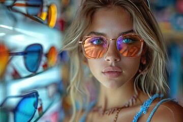 A shopper trying on sunglasses in a trendy eyewear boutique - obrazy, fototapety, plakaty