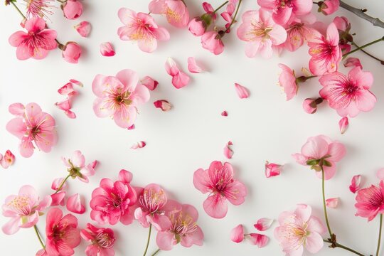 Banner with pink sakura flowers on white background. Top view, flat lay. Mother's Day, Woman's Day, Easter, Valentine's Day, Wedding, and Birthday celebration.