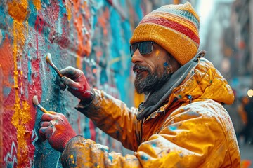 A street artist creating a live graffiti mural, adding vibrant colors to a city wall