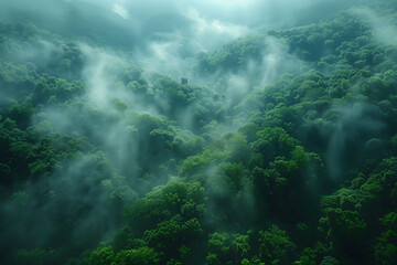 Aerial View of Green Forest Covered in Fog
