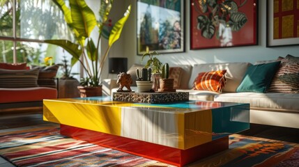 the playful charm of a colorful lacquered coffee table, adding a pop of vibrant hues to a modern and eclectic living room - obrazy, fototapety, plakaty