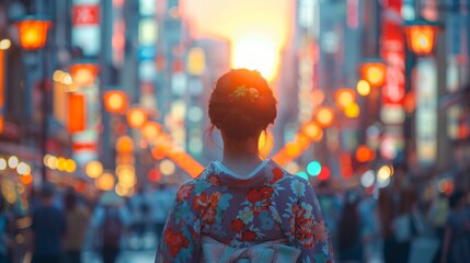 Half a woman's body can be seen wearing a kimono in the middle of a busy city. Sunset serenade in...
