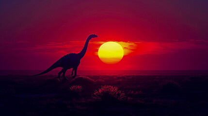 A lone dinosaur silhouette against the backdrop of a desert sunset where the sky transitions from orange to a deep red