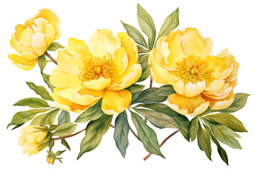 watercolor painting realistic Yellow peony, branches and leaves on white background. Clipping path included.
