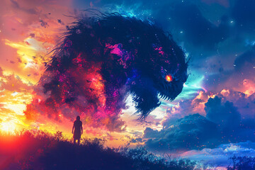 Obraz na płótnie Canvas A monstrous creature silhouetted against the backdrop of a fantasy landscape where the sky blazes with electric colors heralding the dawn of an epic adventure