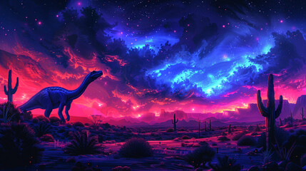 A towering dinosaur strides across a desert landscape where the cacti emit a neon glow silhouetted against a sky painted in strokes of electric blue and pink