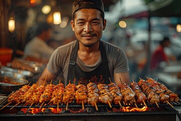 A street food vendor grilling kebabs and serving customers in a vibrant market