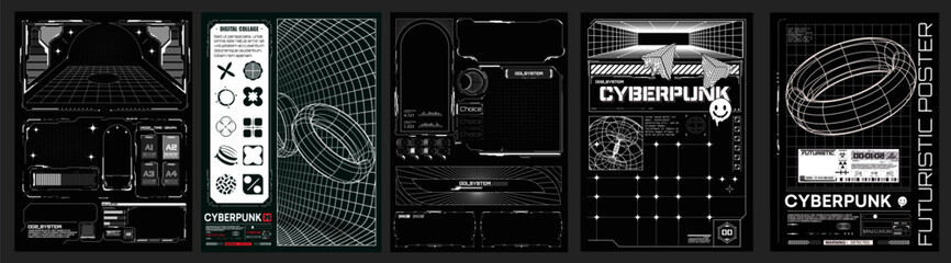 Cyberpunk Concept Posters with Futuristic UI Elements. A collection of black and white cyberpunk posters featuring futuristic user interface designs and digital graphics. Black and white retro poster. - obrazy, fototapety, plakaty