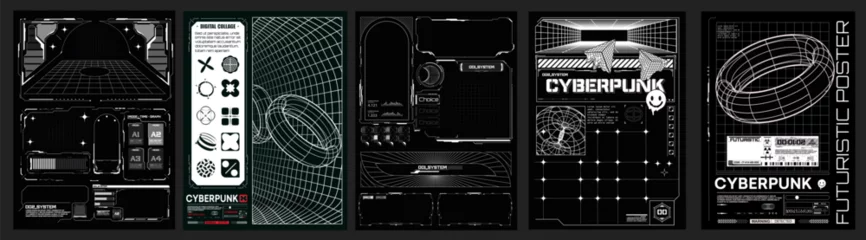 Zelfklevend Fotobehang Cyberpunk Concept Posters with Futuristic UI Elements. A collection of black and white cyberpunk posters featuring futuristic user interface designs and digital graphics. Black and white retro poster. © ZinetroN