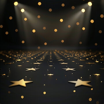 Avenue of stars photo set, studio background for display, golden glowing stars and black background. 