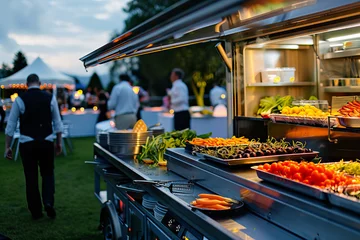 Fotobehang Elegant Outdoor Catering Event with Gourmet Food Stations Banner © DmitrySergeevich