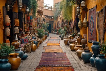 A street market in Morocco, with stalls selling handwoven rugs, brass lanterns, and leather goods