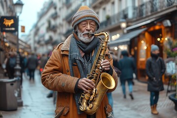 A street musician playing a saxophone in a pedestrian zone