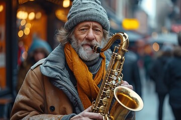 A street musician playing a soulful melody on a saxophone, drawing a crowd of admirers - obrazy, fototapety, plakaty