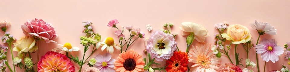 Bouquet of different flowers on orange background. Greeting card with space, top view. Mother's Day, Woman's Day, Easter, Valentine's Day, Wedding, and Birthday celebration concept.