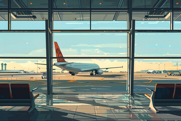 Fototapeta premium Empty airport terminal with seating and a plane on the tarmac
