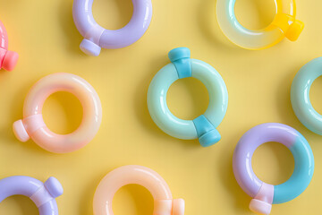 Colorful Inflatable Swim Rings on Yellow Background Summer Fun Banner