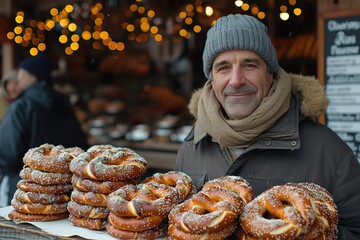 A street vendor selling hot pretzels in a bustling city square