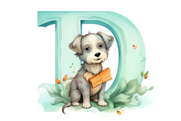 letter D alphabet charactor decorated with dog cartoon charactor, watercolor style isolate on clean white background