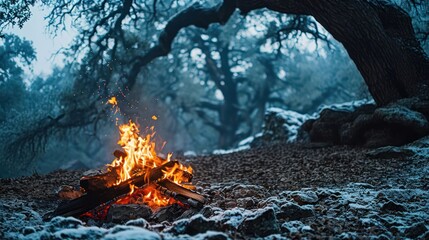 the serenity of a bonfire in a secluded oak forest, with the soft glow of flames enhancing the peacefulness of a winter evening