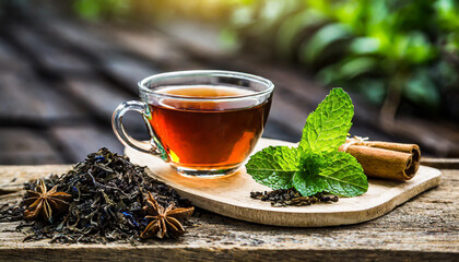 Tea composition with mint leaf on wooden palette - obrazy, fototapety, plakaty