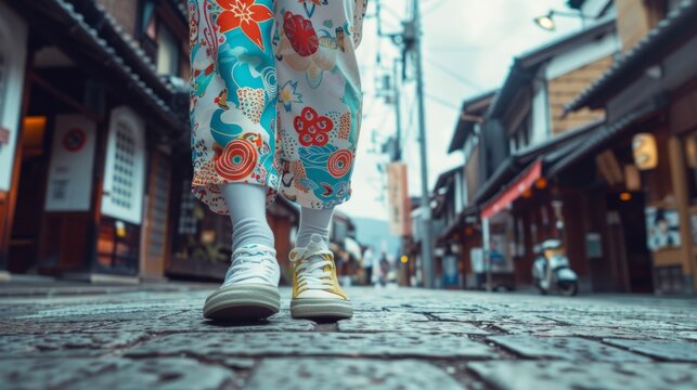 Streetside glimpse of cultural blend in attire from feet in sneakers to kimono. Modern footsteps clad in the elegance of tradition