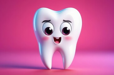 pediatric dentistry, stomatology. funny cartoon character of white tooth on colorful background.