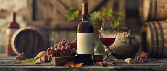Promotional charm with an unlabeled wine bottle and glass in a rustic setting and bunches of grapes - obrazy, fototapety, plakaty