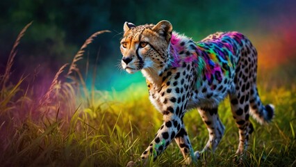 A majestic rainbow cheetah, its fur a vibrant spectrum of colors, prowling through a lush jungle...