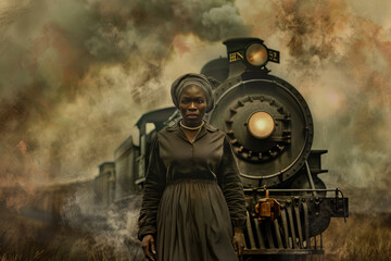 Mysterious Woman Standing Fearlessly Before an Oncoming Steam Locomotive - Banner