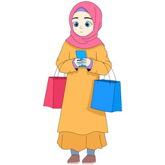 cartoon doodle illustration of daily activities, a Muslim girl wearing a hijab is walking shopping carrying shopping bags