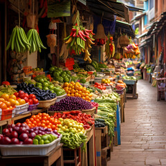 Fototapeta na wymiar Colorful market stalls with fresh fruits and vegetables