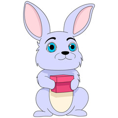 Easter celebration cartoon doodle illustration, a purple rabbit brings a surprise in the form of a gift box